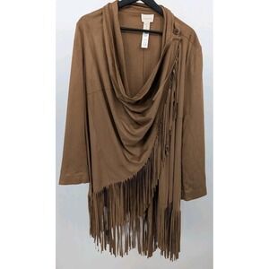 Chico's Brown Fringe Wrap Cardigan Tunic Faux Suede Size 2 / Large Western Boho